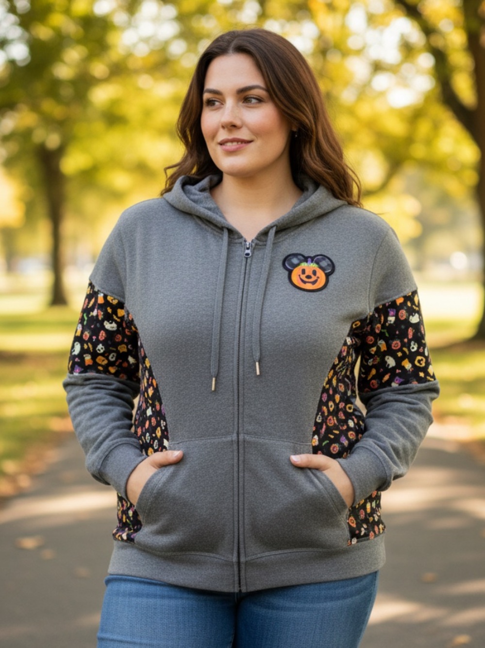 Disney Gray Halloween Zip-Up Hoodie with Pumpkin Patch Accents